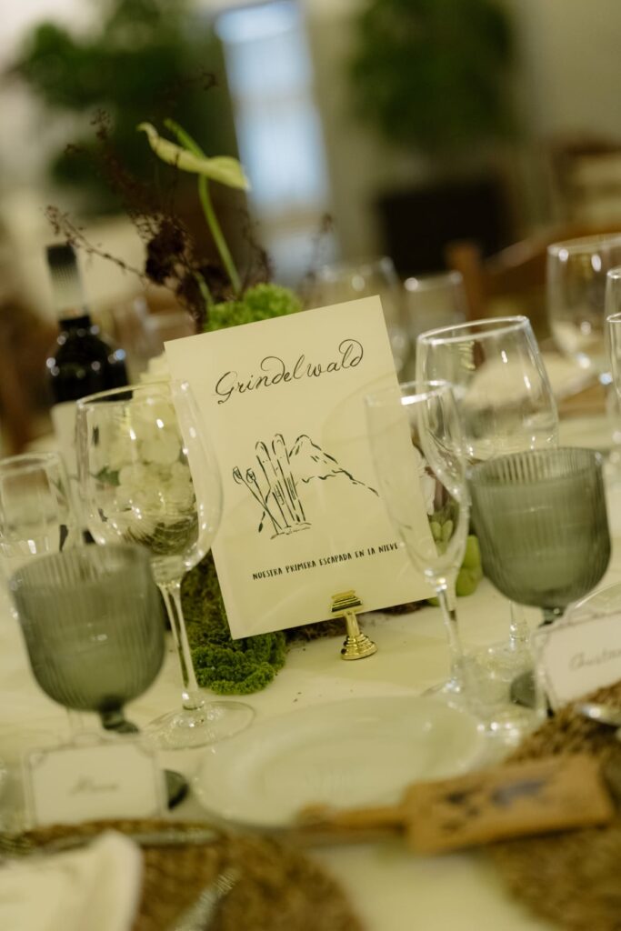 Detalle de mesa con temática de viajes en una boda en Coín, Málaga